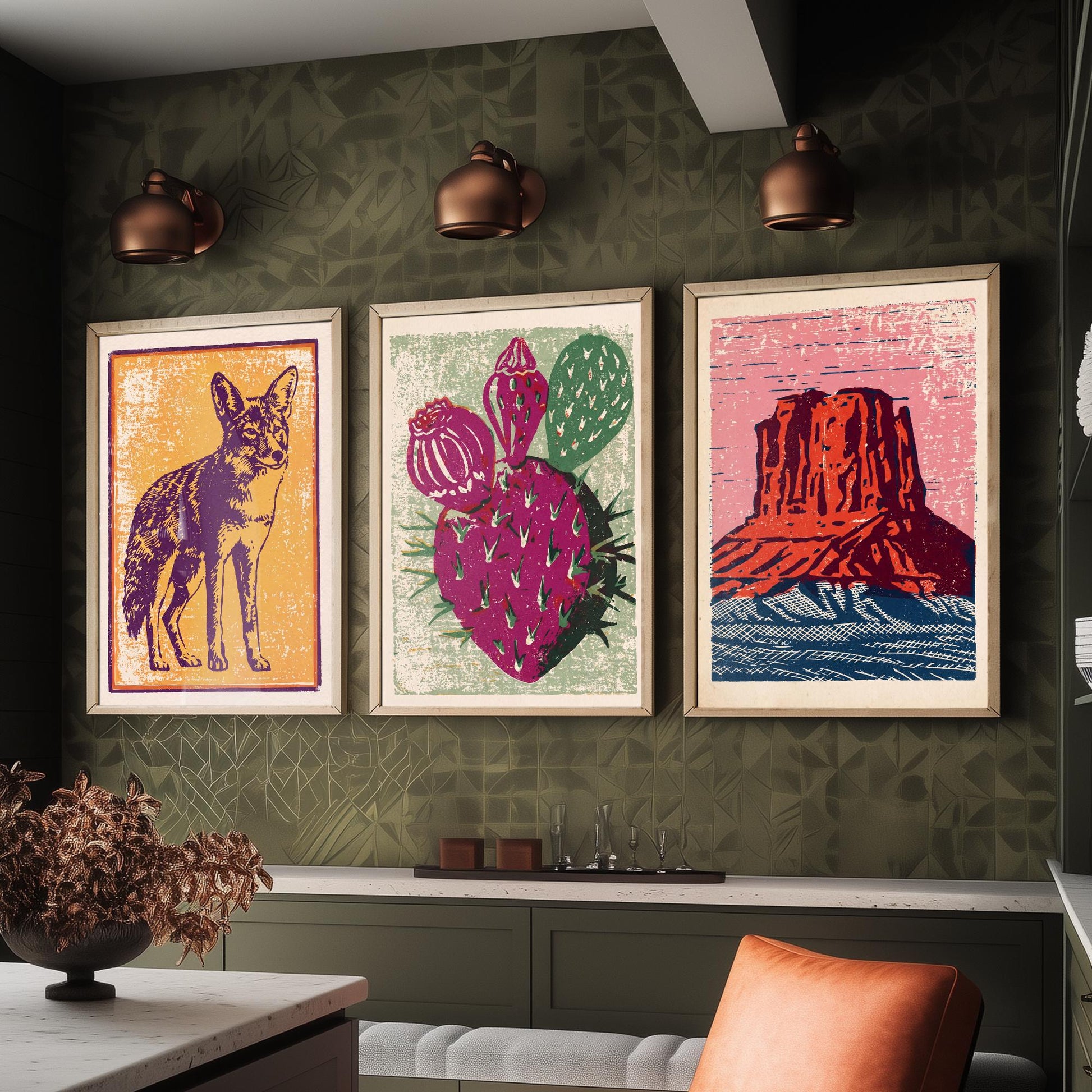 Desert Southwest Set of Three Art Prints - Coyote, Prickly Pear, Red Mesa Butte - Boho Linocut Posters - Western Illustration V2