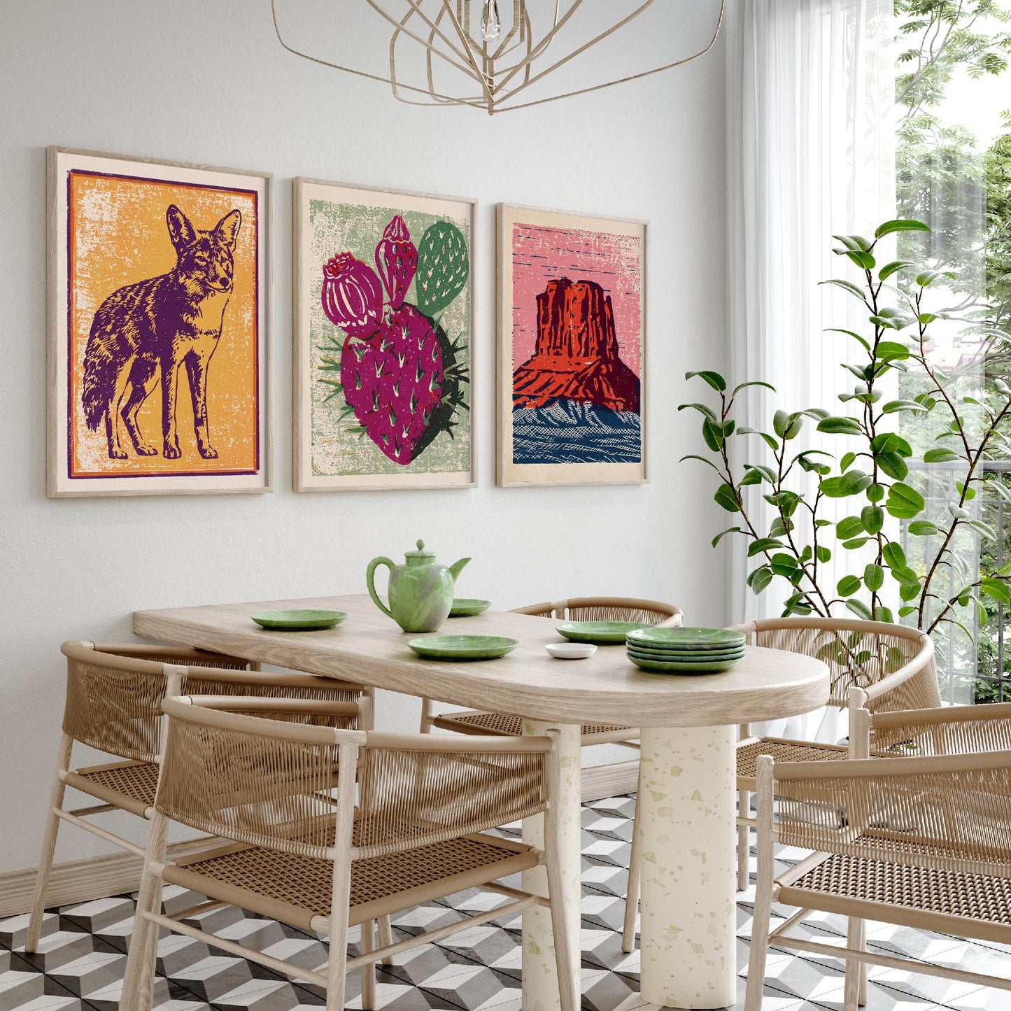 Desert Southwest Set of Three Art Prints - Coyote, Prickly Pear, Red Mesa Butte - Boho Linocut Posters - Western Illustration V2