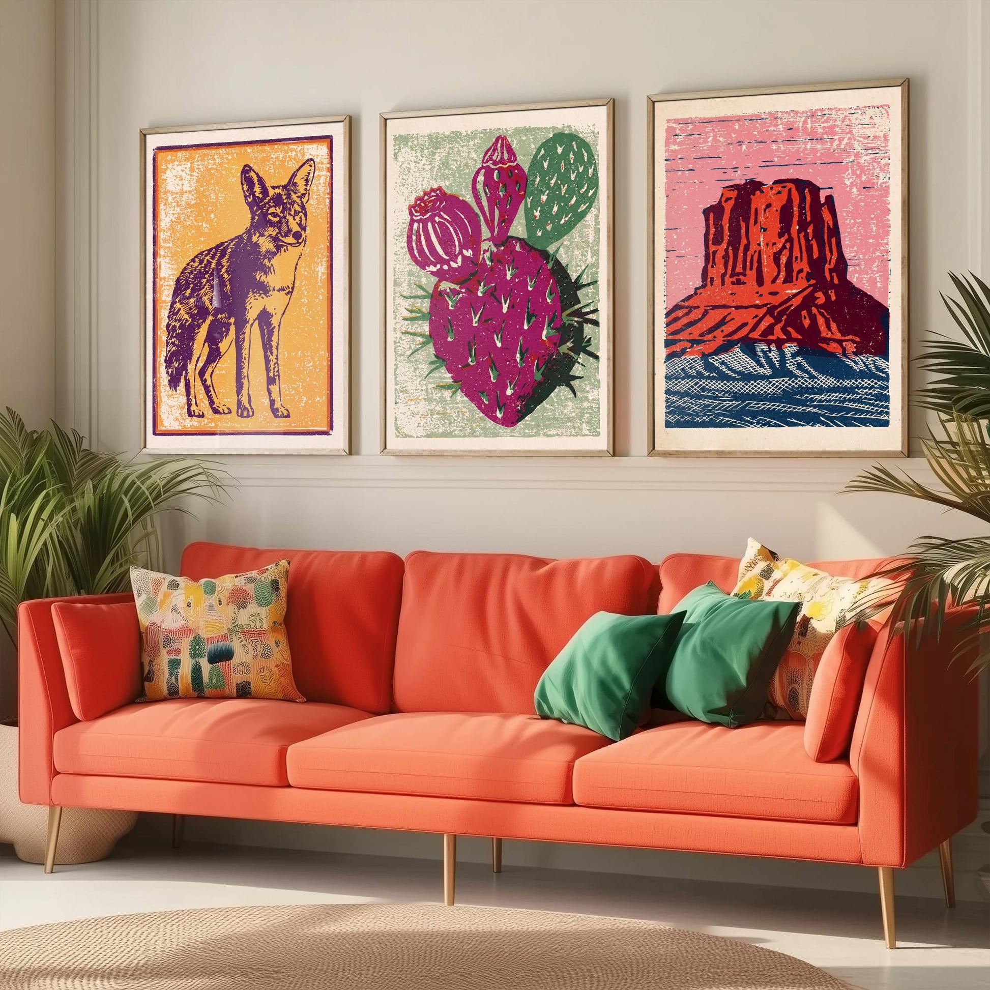 Desert Southwest Set of Three Art Prints - Coyote, Prickly Pear, Red Mesa Butte - Boho Linocut Posters - Western Illustration V2