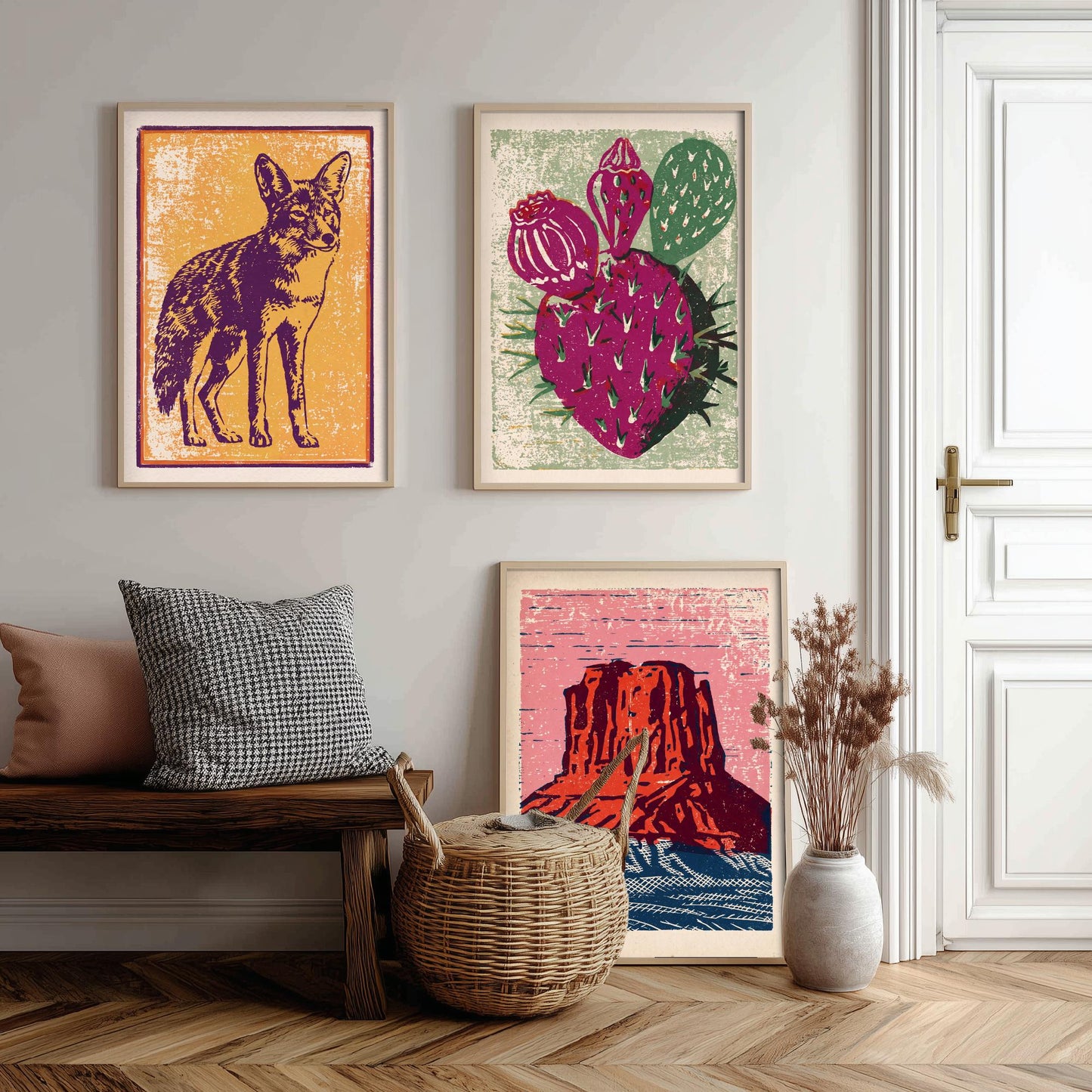 Desert Southwest Set of Three Art Prints - Coyote, Prickly Pear, Red Mesa Butte - Boho Linocut Posters - Western Illustration V2