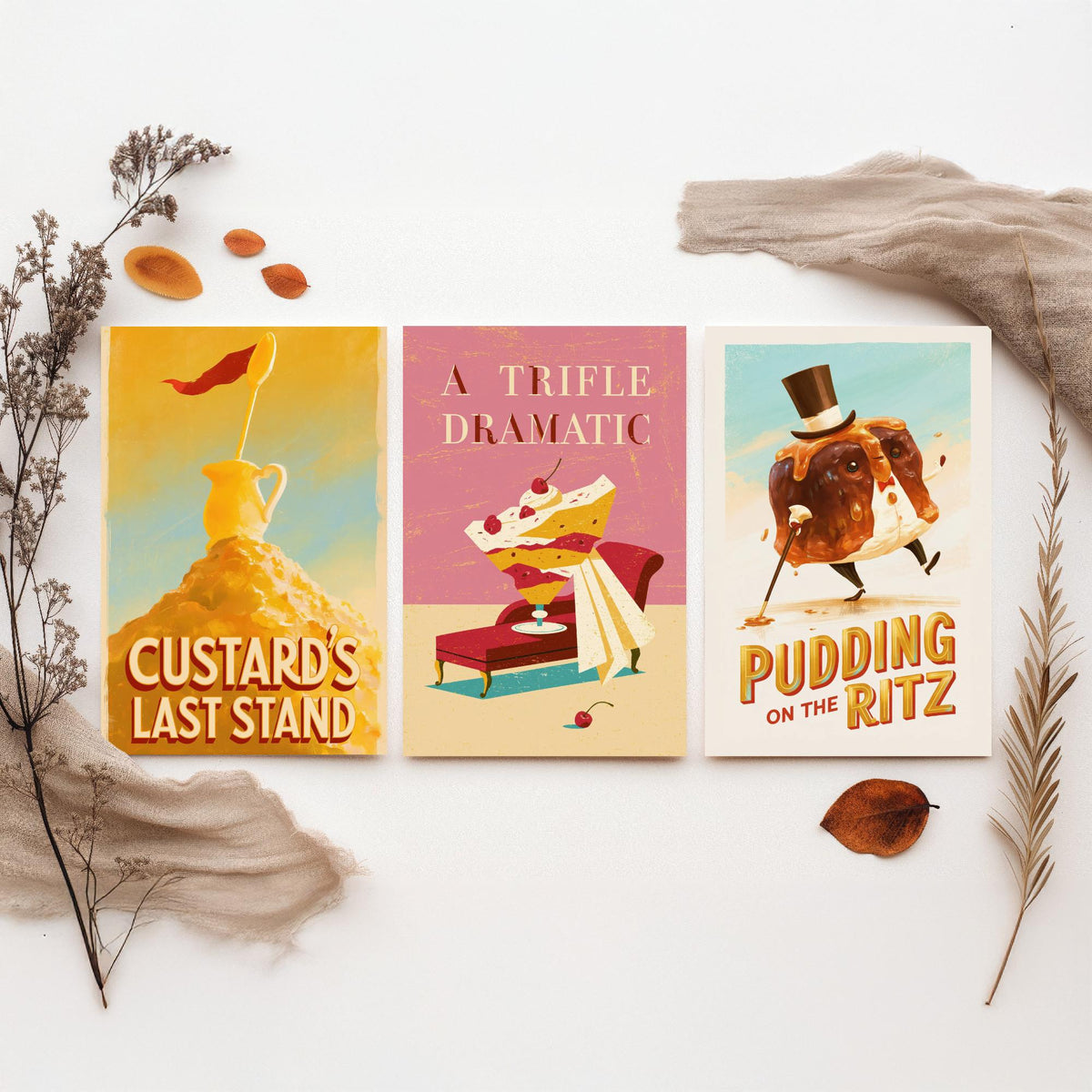 Dessert Drama Set of Three Art Prints - Custard's Last Stand, A Trifle Dramatic, Pudding on the Ritz - Funny Pun Posters Illustration