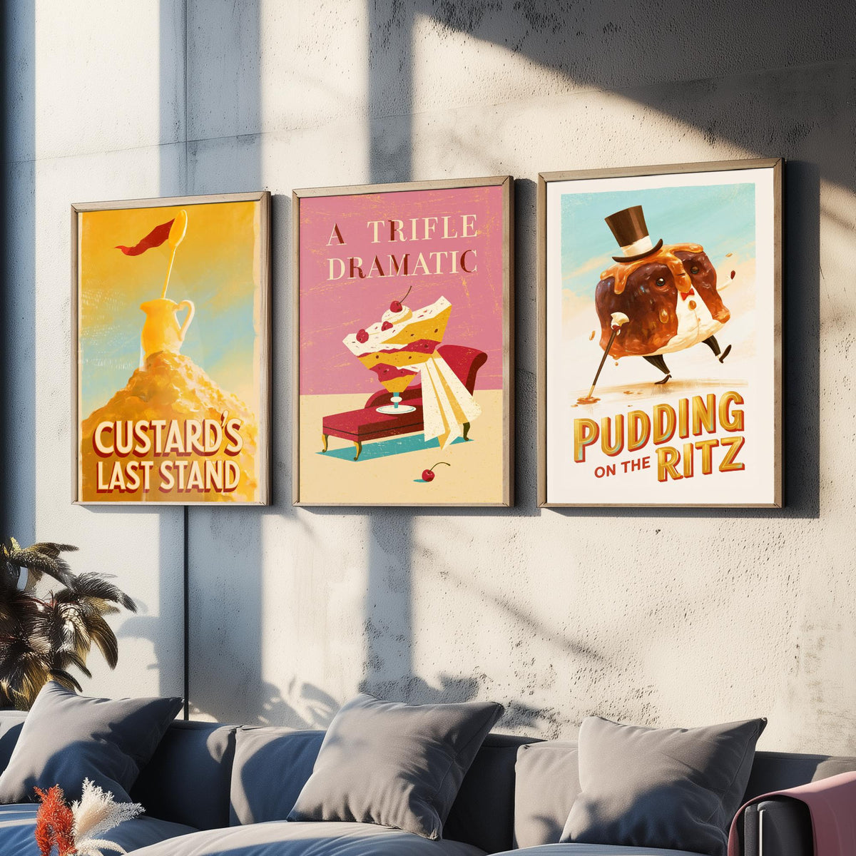 Dessert Drama Set of Three Art Prints - Custard's Last Stand, A Trifle Dramatic, Pudding on the Ritz - Funny Pun Posters Illustration