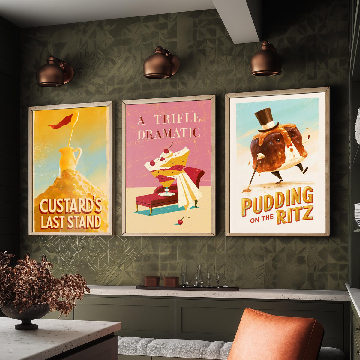Dessert Drama Set of Three Art Prints - Custard's Last Stand, A Trifle Dramatic, Pudding on the Ritz - Funny Pun Posters Illustration