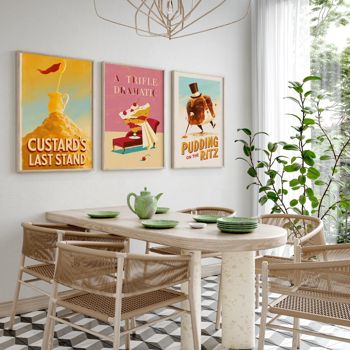 Dessert Drama Set of Three Art Prints - Custard's Last Stand, A Trifle Dramatic, Pudding on the Ritz - Funny Pun Posters Illustration