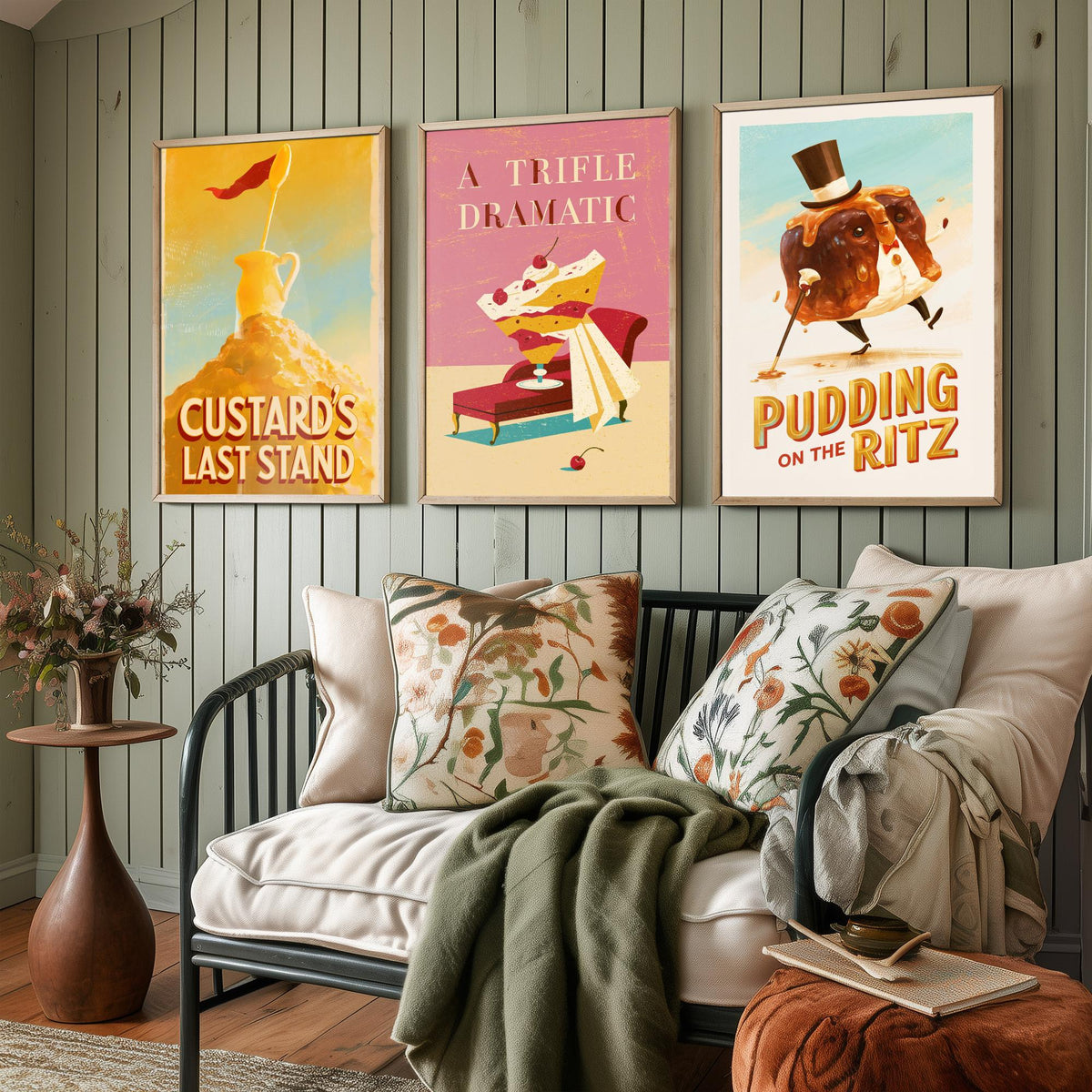 Dessert Drama Set of Three Art Prints - Custard's Last Stand, A Trifle Dramatic, Pudding on the Ritz - Funny Pun Posters Illustration