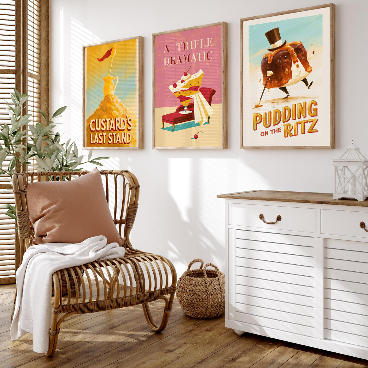Dessert Drama Set of Three Art Prints - Custard's Last Stand, A Trifle Dramatic, Pudding on the Ritz - Funny Pun Posters Illustration
