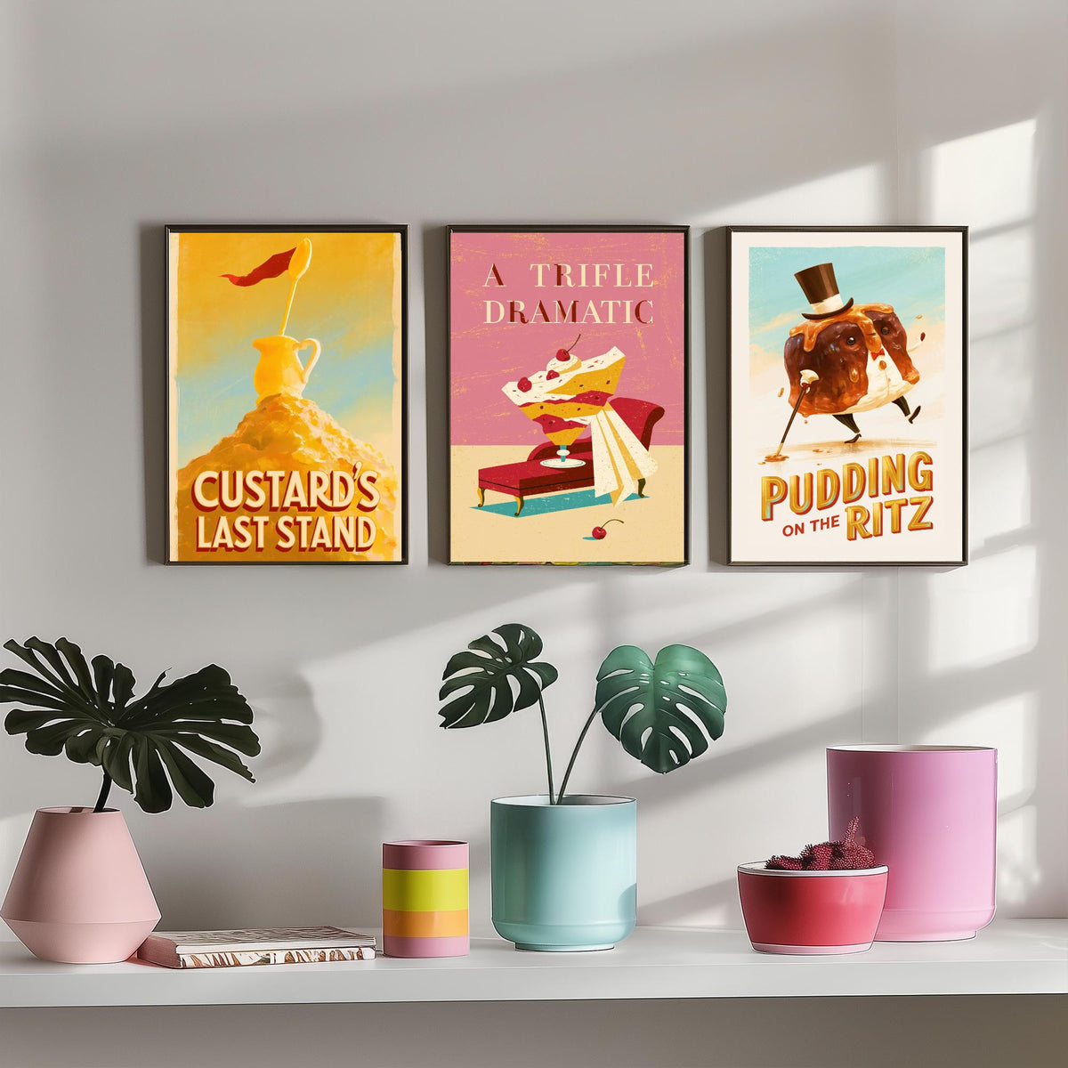 Dessert Drama Set of Three Art Prints - Custard's Last Stand, A Trifle Dramatic, Pudding on the Ritz - Funny Pun Posters Illustration