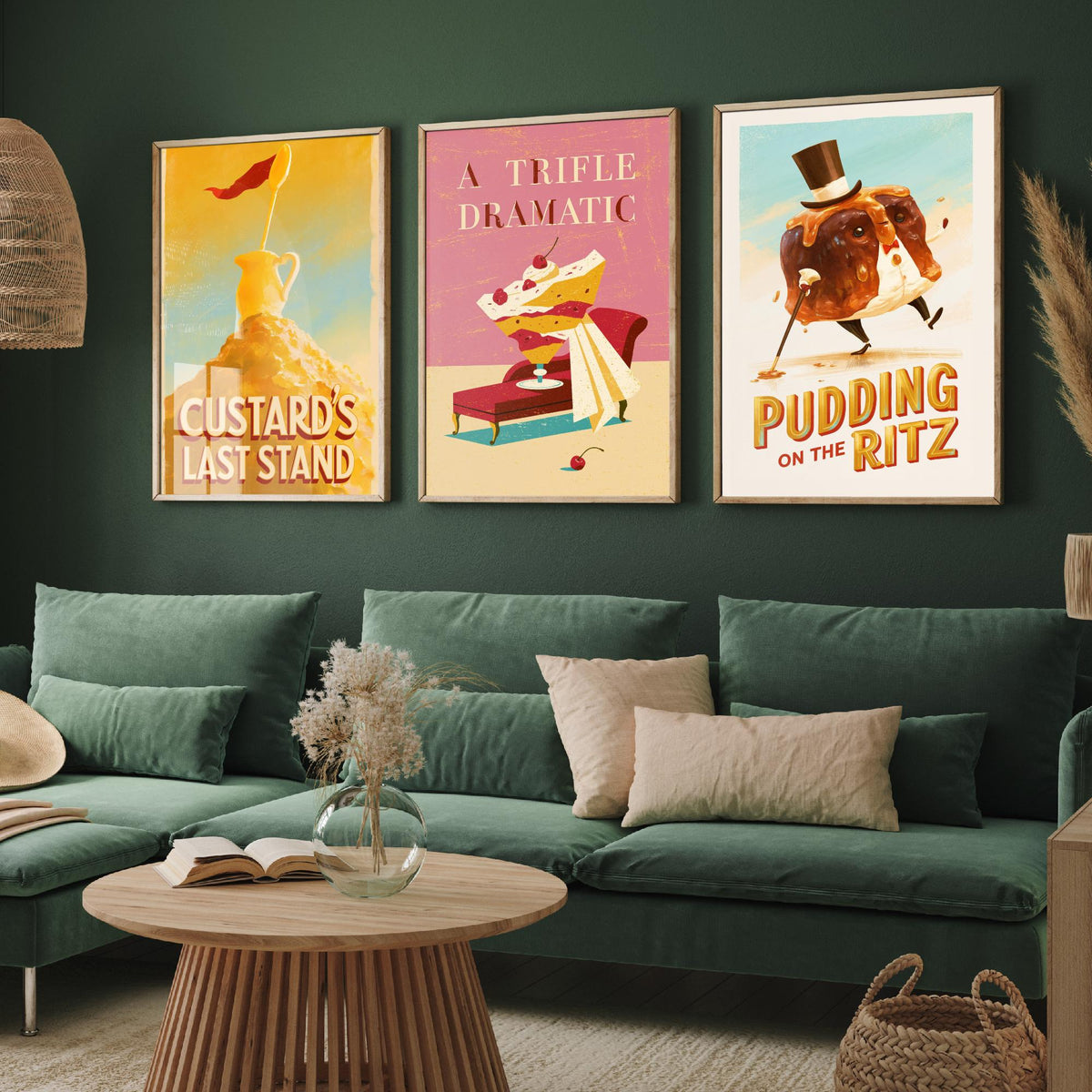 Dessert Drama Set of Three Art Prints - Custard's Last Stand, A Trifle Dramatic, Pudding on the Ritz - Funny Pun Posters Illustration