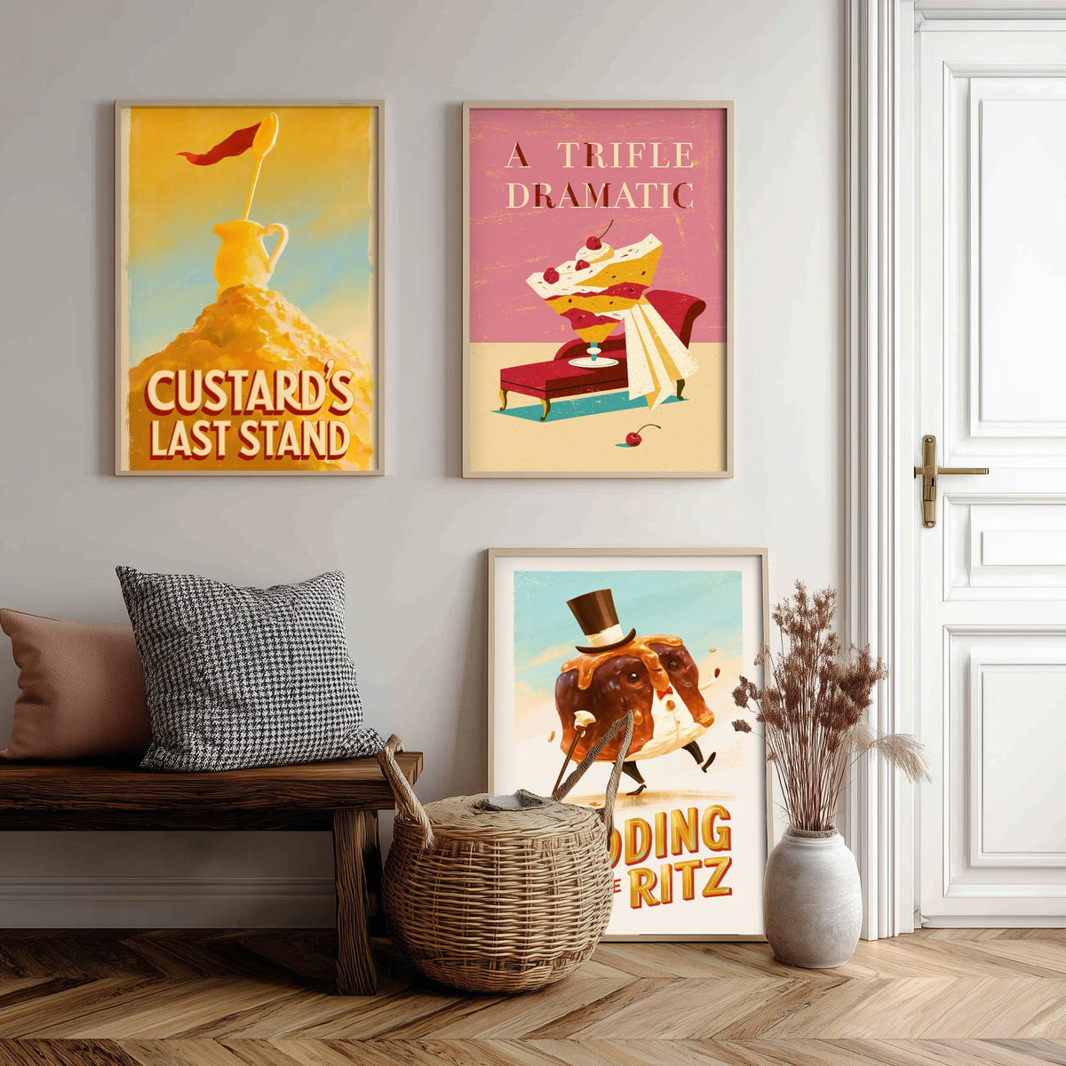 Dessert Drama Set of Three Art Prints - Custard's Last Stand, A Trifle Dramatic, Pudding on the Ritz - Funny Pun Posters Illustration