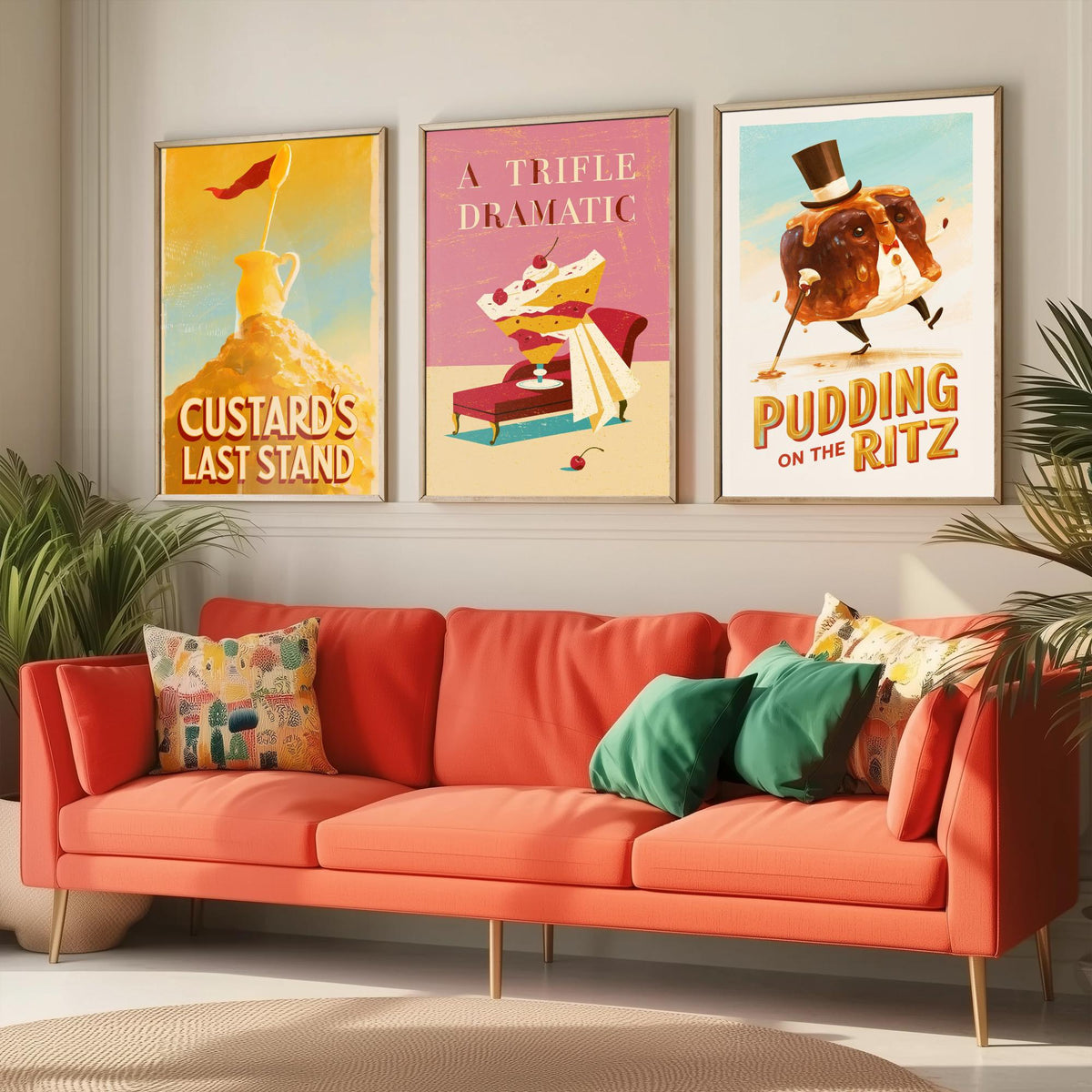 Dessert Drama Set of Three Art Prints - Custard's Last Stand, A Trifle Dramatic, Pudding on the Ritz - Funny Pun Posters Illustration