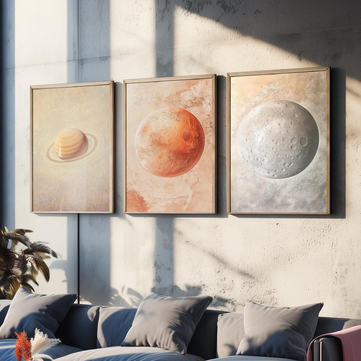 Solar System Set of Three Art Prints - 3 Planet Posters - Saturn Mars Mercury Space Wall Art Gift Astronomy Illustration