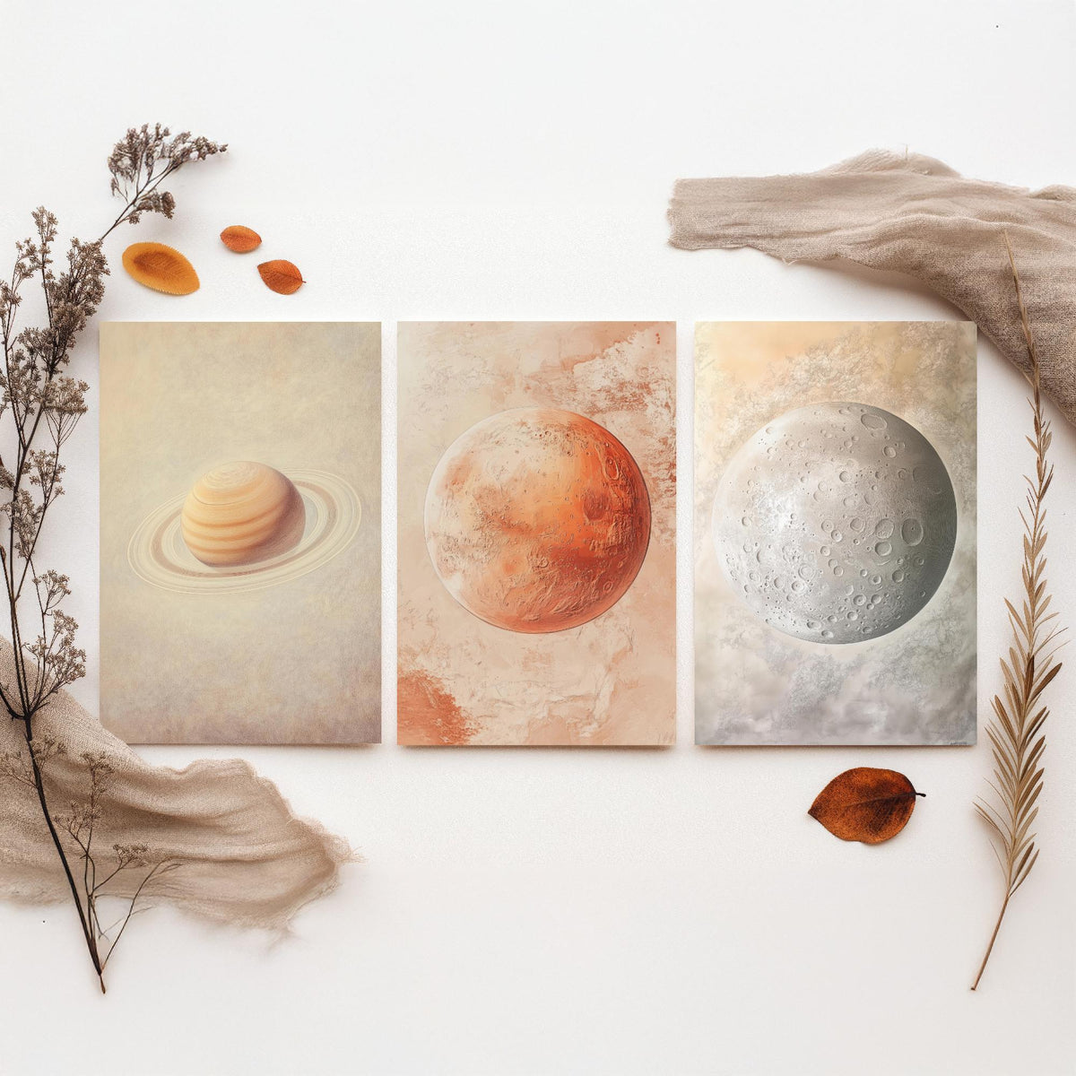 Solar System Set of Three Art Prints - 3 Planet Posters - Saturn Mars Mercury Space Wall Art Gift Astronomy Illustration