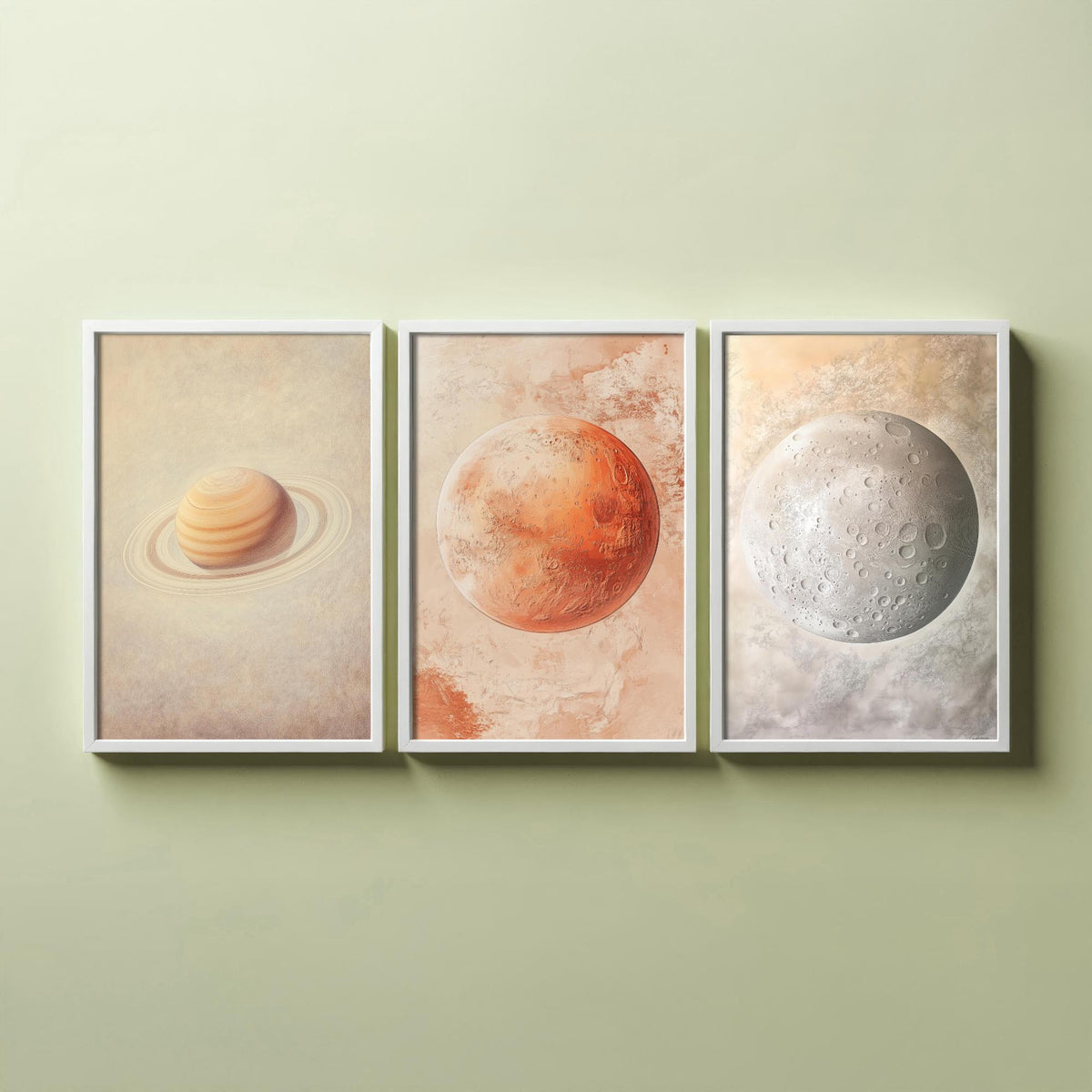 Solar System Set of Three Art Prints - 3 Planet Posters - Saturn Mars Mercury Space Wall Art Gift Astronomy Illustration