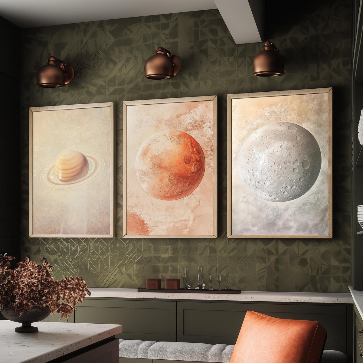 Solar System Set of Three Art Prints - 3 Planet Posters - Saturn Mars Mercury Space Wall Art Gift Astronomy Illustration