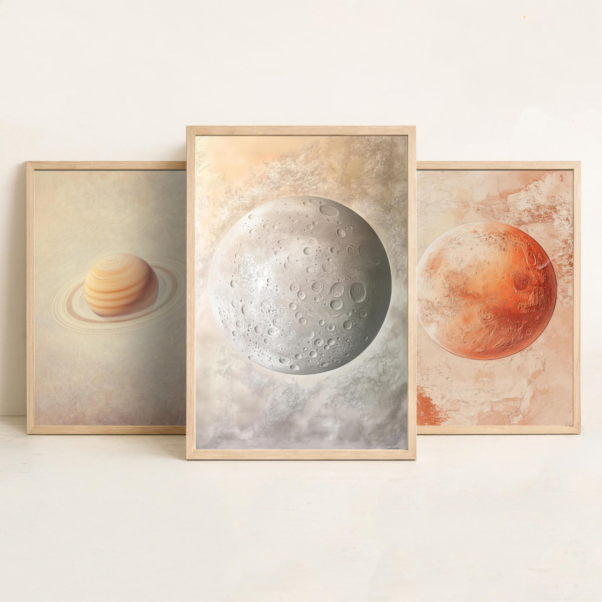 Solar System Set of Three Art Prints - 3 Planet Posters - Saturn Mars Mercury Space Wall Art Gift Astronomy Illustration