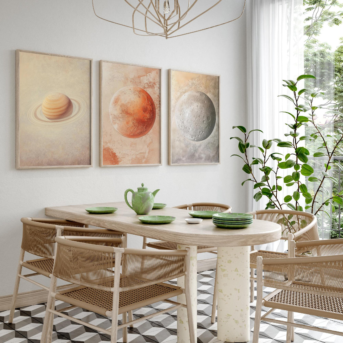 Solar System Set of Three Art Prints - 3 Planet Posters - Saturn Mars Mercury Space Wall Art Gift Astronomy Illustration