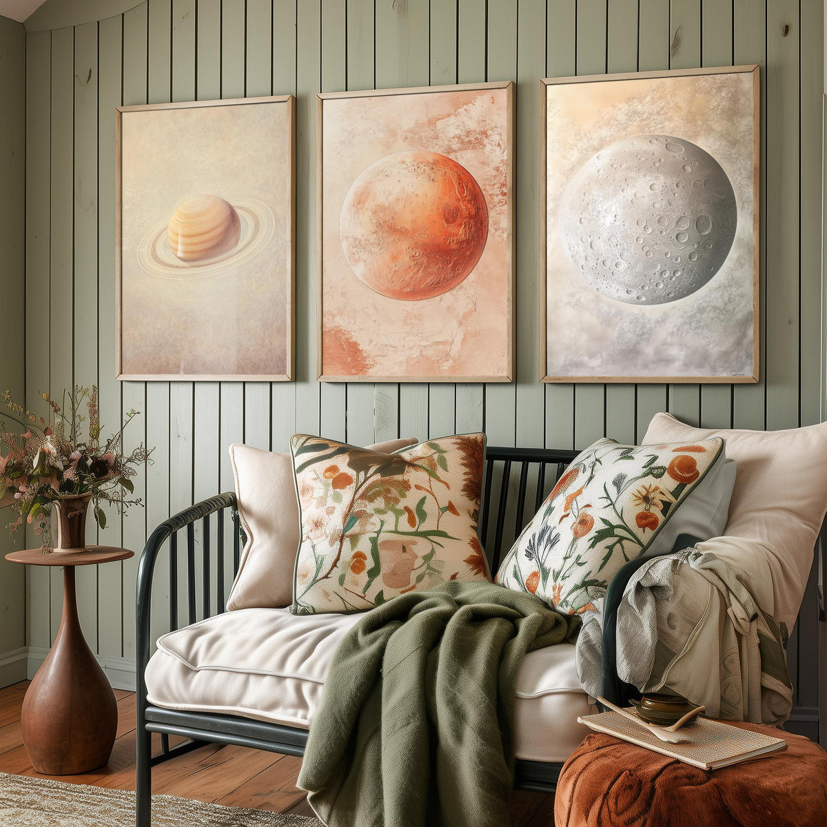 Solar System Set of Three Art Prints - 3 Planet Posters - Saturn Mars Mercury Space Wall Art Gift Astronomy Illustration
