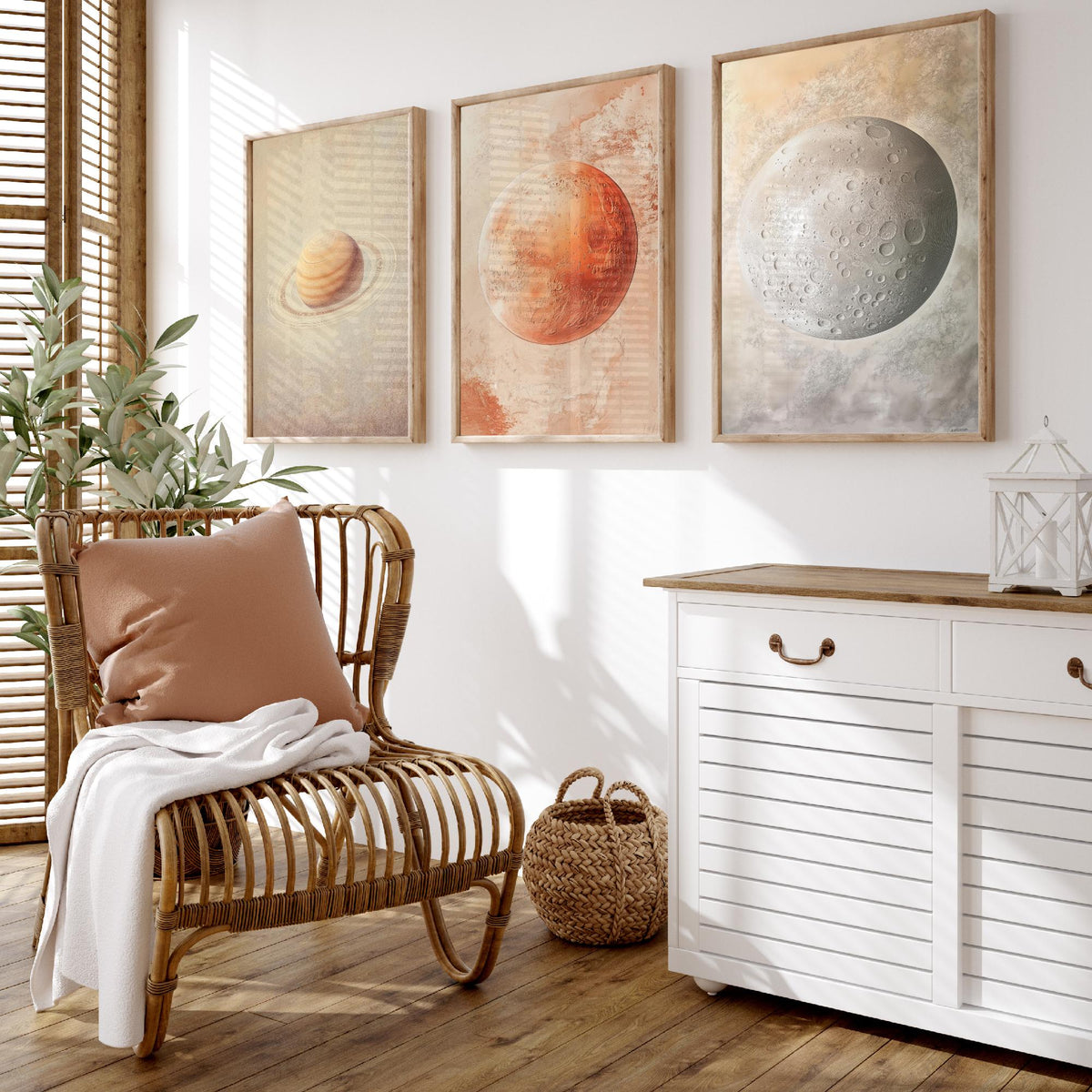 Solar System Set of Three Art Prints - 3 Planet Posters - Saturn Mars Mercury Space Wall Art Gift Astronomy Illustration