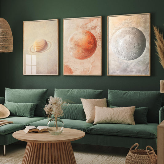 Solar System Set of Three Art Prints - 3 Planet Posters - Saturn Mars Mercury Space Wall Art Gift Astronomy Illustration