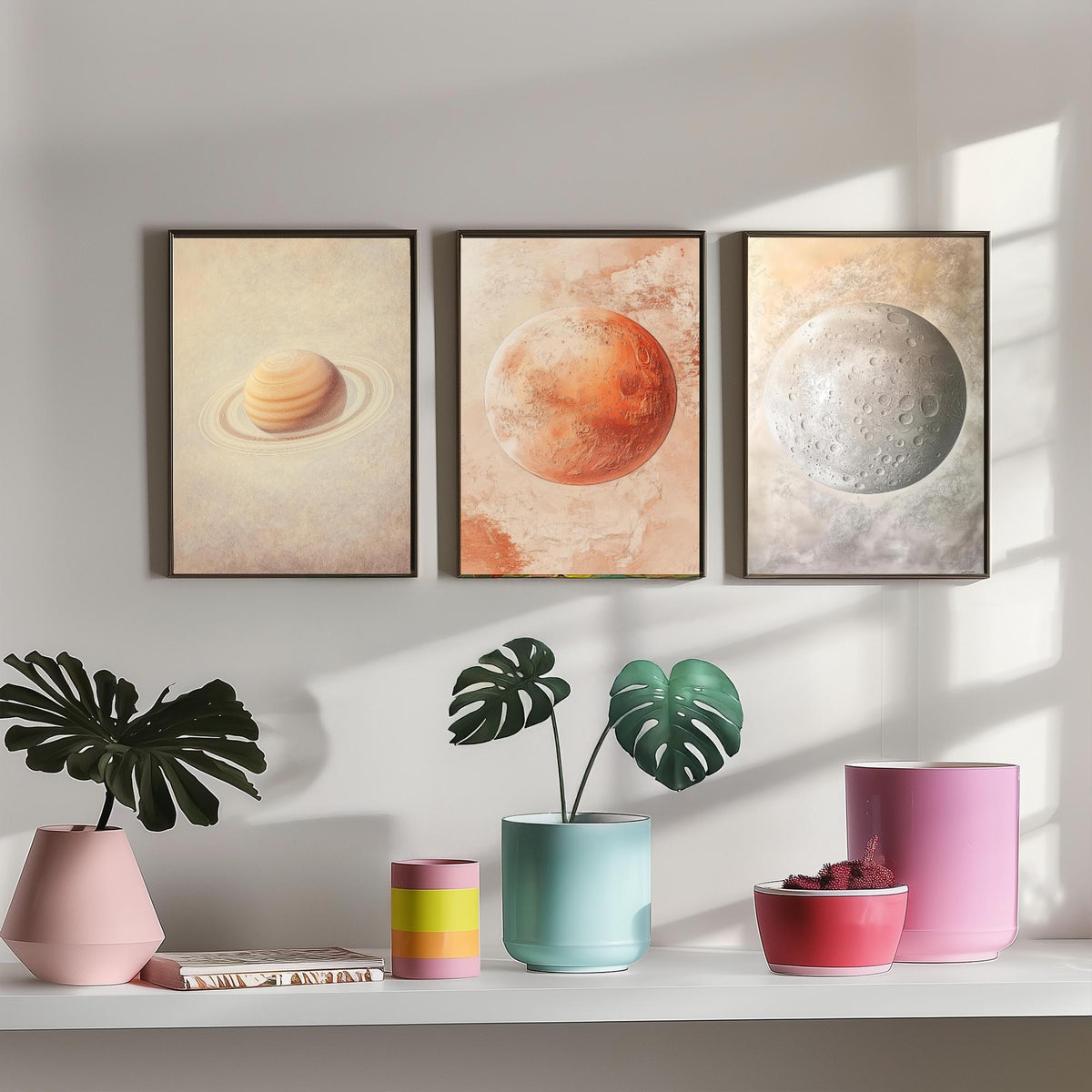 Solar System Set of Three Art Prints - 3 Planet Posters - Saturn Mars Mercury Space Wall Art Gift Astronomy Illustration