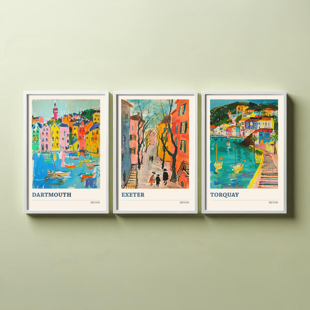 Devon Set of Three Prints | Dartmouth Exeter Torquay | Vibrant Folk Art Travel Coastal Painting Wall Art Poster