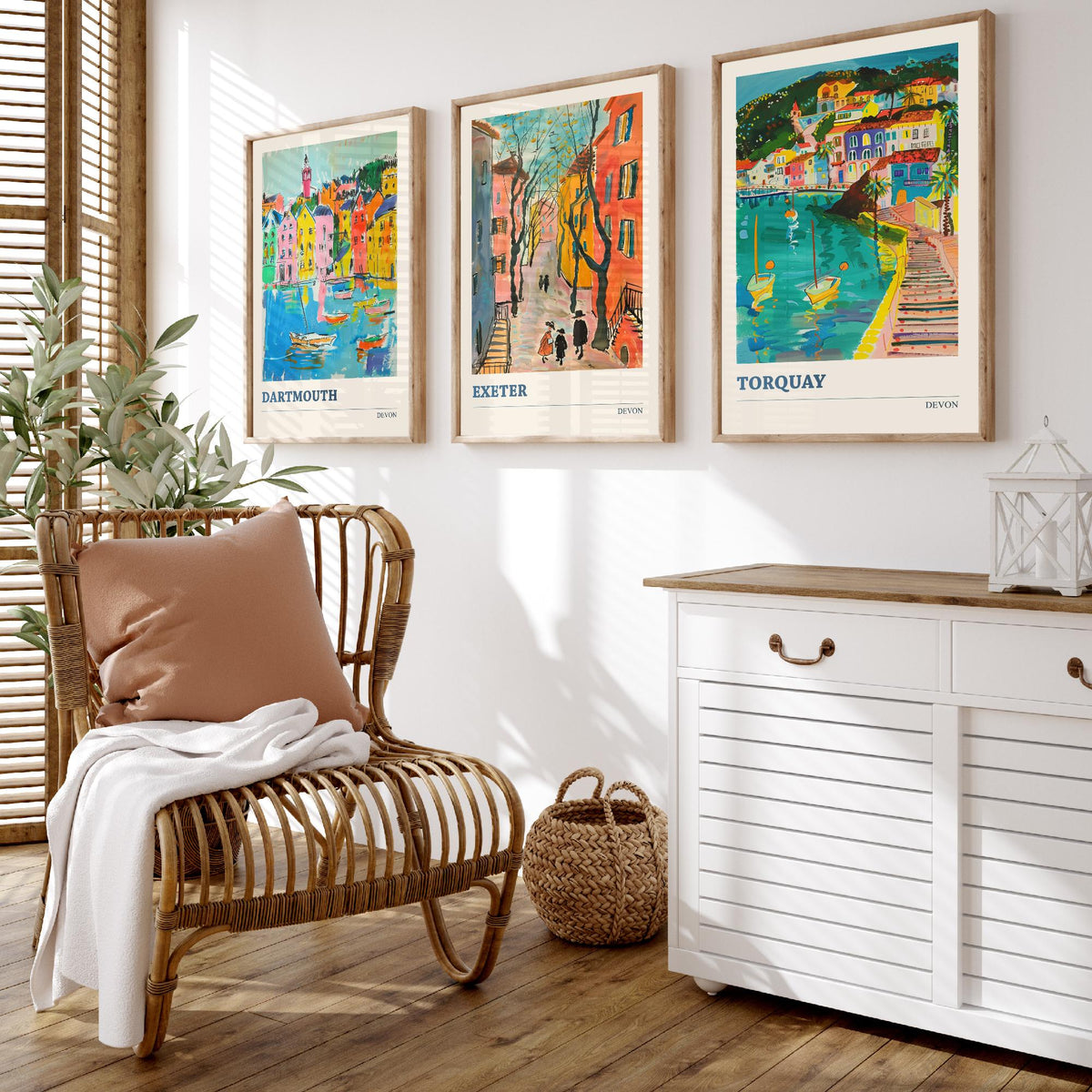 Devon Set of Three Prints | Dartmouth Exeter Torquay | Vibrant Folk Art Travel Coastal Painting Wall Art Poster