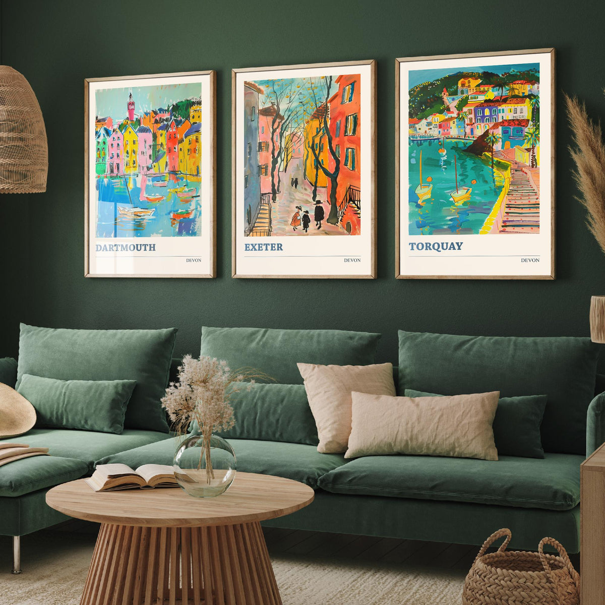 Devon Set of Three Prints | Dartmouth Exeter Torquay | Vibrant Folk Art Travel Coastal Painting Wall Art Poster