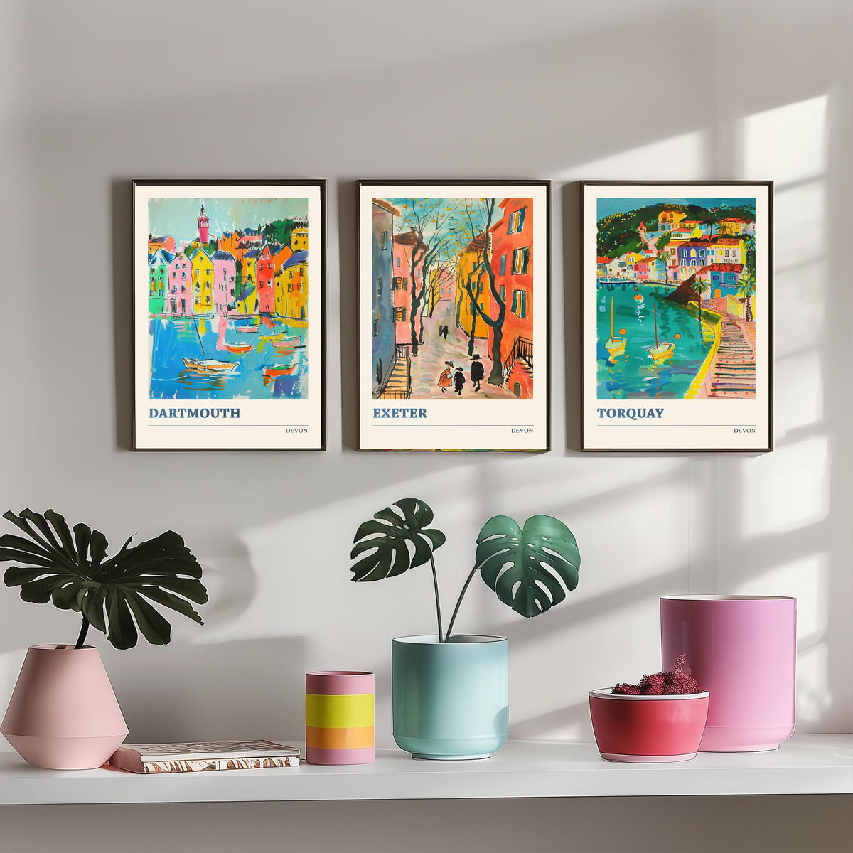 Devon Set of Three Prints | Dartmouth Exeter Torquay | Vibrant Folk Art Travel Coastal Painting Wall Art Poster
