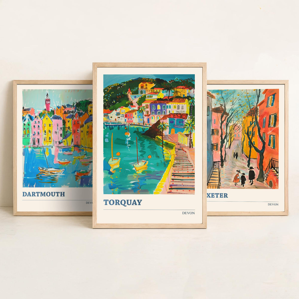 Devon Set of Three Prints | Dartmouth Exeter Torquay | Vibrant Folk Art Travel Coastal Painting Wall Art Poster