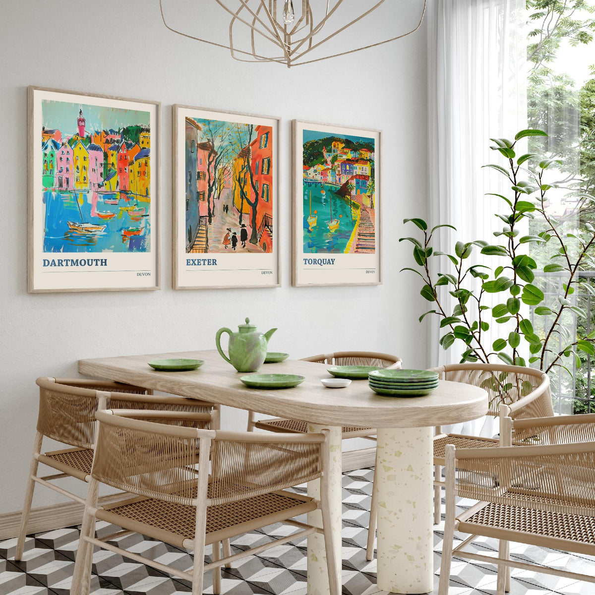 Devon Set of Three Prints | Dartmouth Exeter Torquay | Vibrant Folk Art Travel Coastal Painting Wall Art Poster