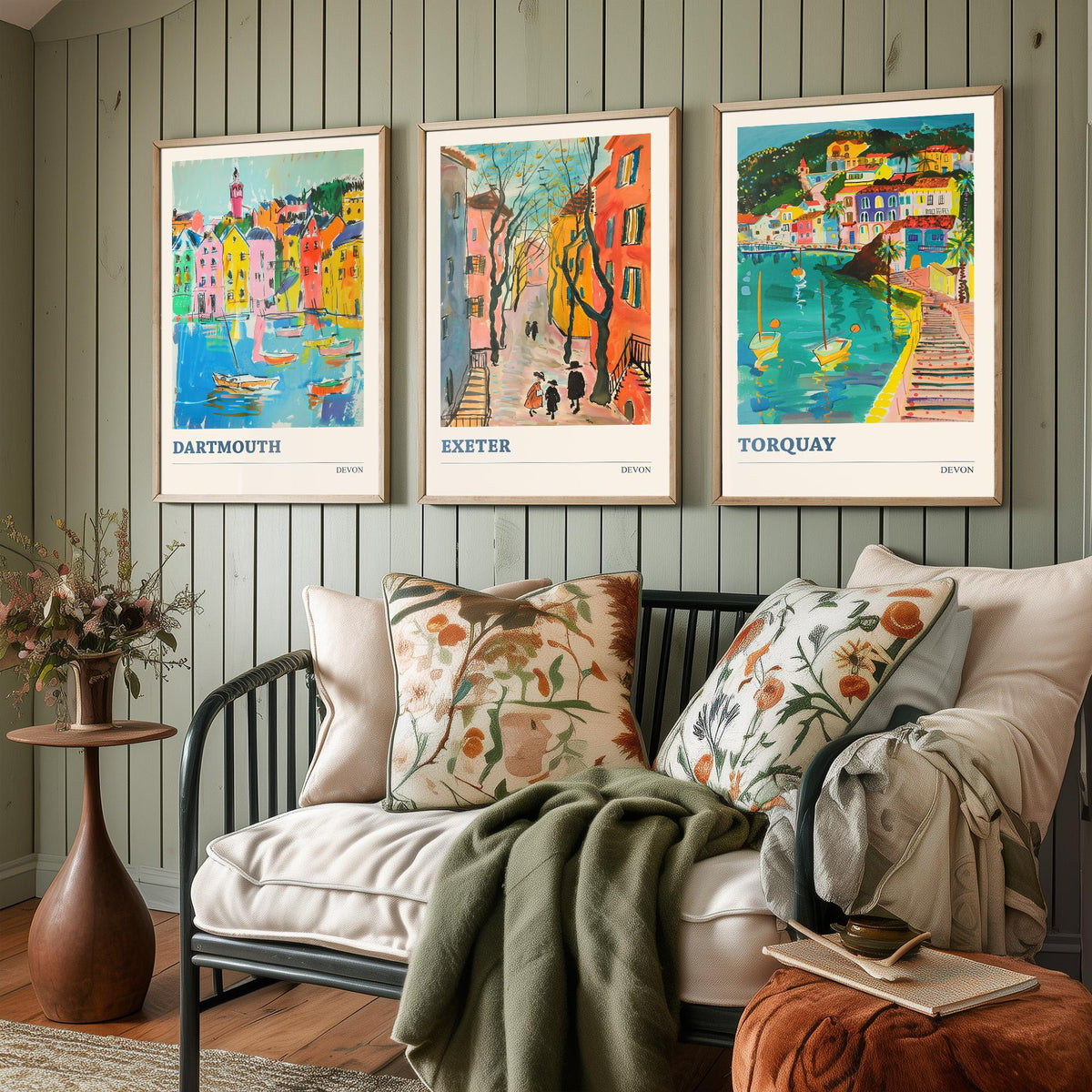 Devon Set of Three Prints | Dartmouth Exeter Torquay | Vibrant Folk Art Travel Coastal Painting Wall Art Poster
