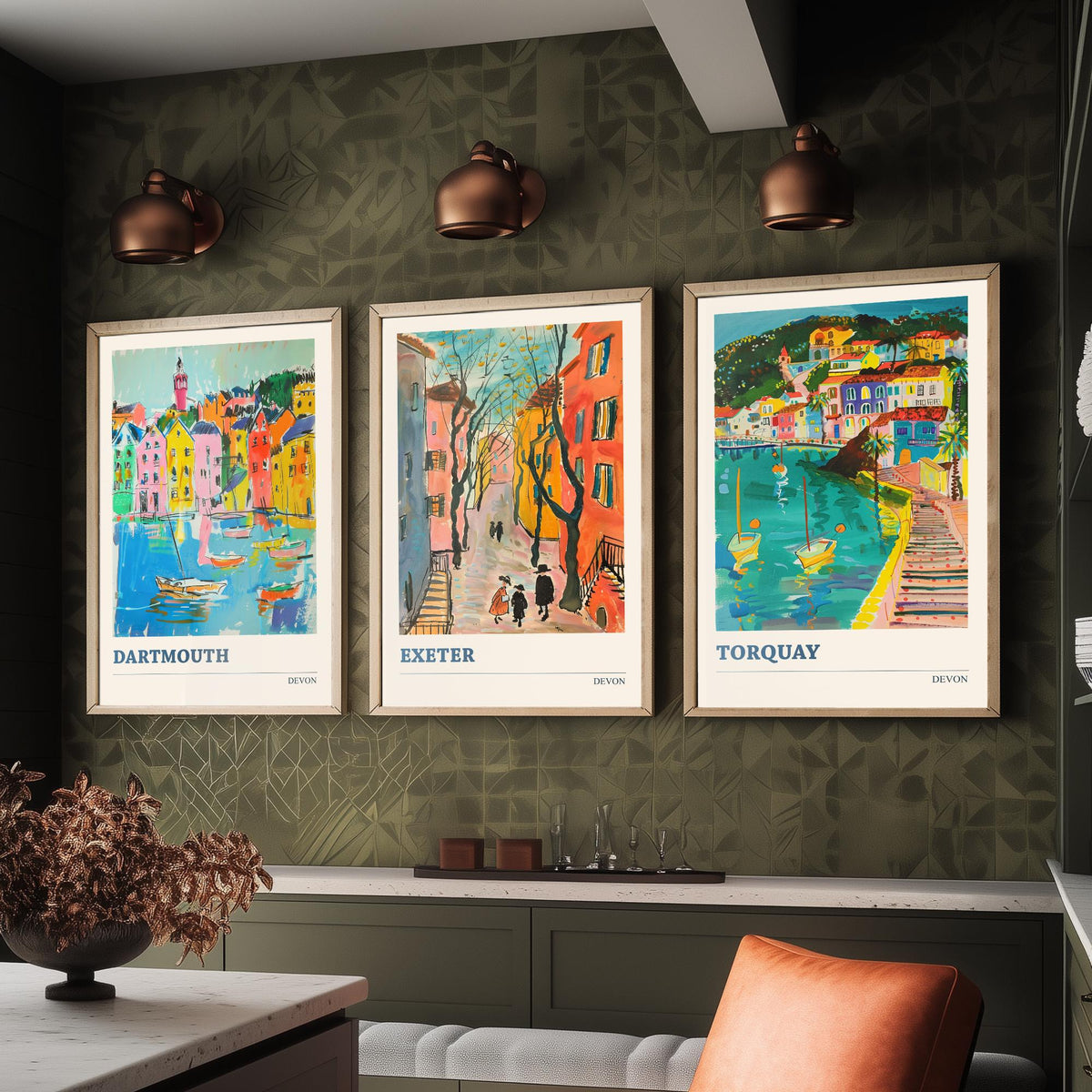 Devon Set of Three Prints | Dartmouth Exeter Torquay | Vibrant Folk Art Travel Coastal Painting Wall Art Poster