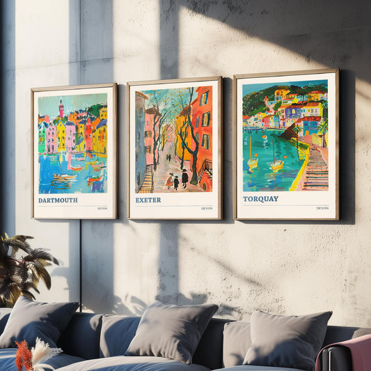 Devon Set of Three Prints | Dartmouth Exeter Torquay | Vibrant Folk Art Travel Coastal Painting Wall Art Poster