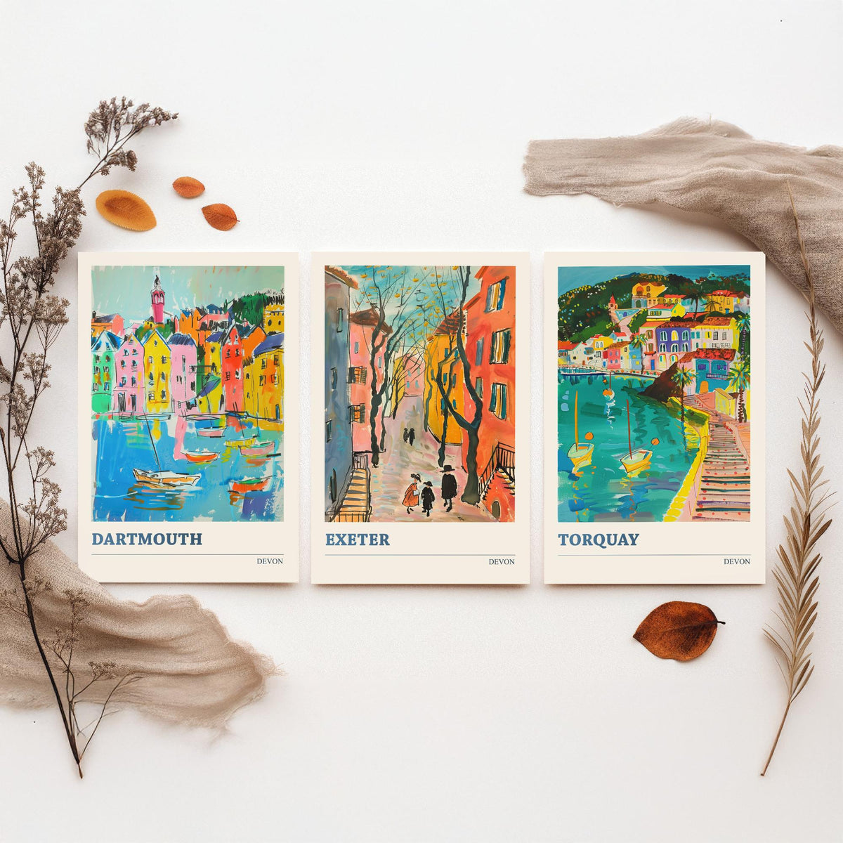 Devon Set of Three Prints | Dartmouth Exeter Torquay | Vibrant Folk Art Travel Coastal Painting Wall Art Poster