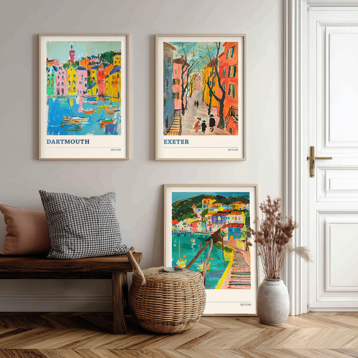 Devon Set of Three Prints | Dartmouth Exeter Torquay | Vibrant Folk Art Travel Coastal Painting Wall Art Poster