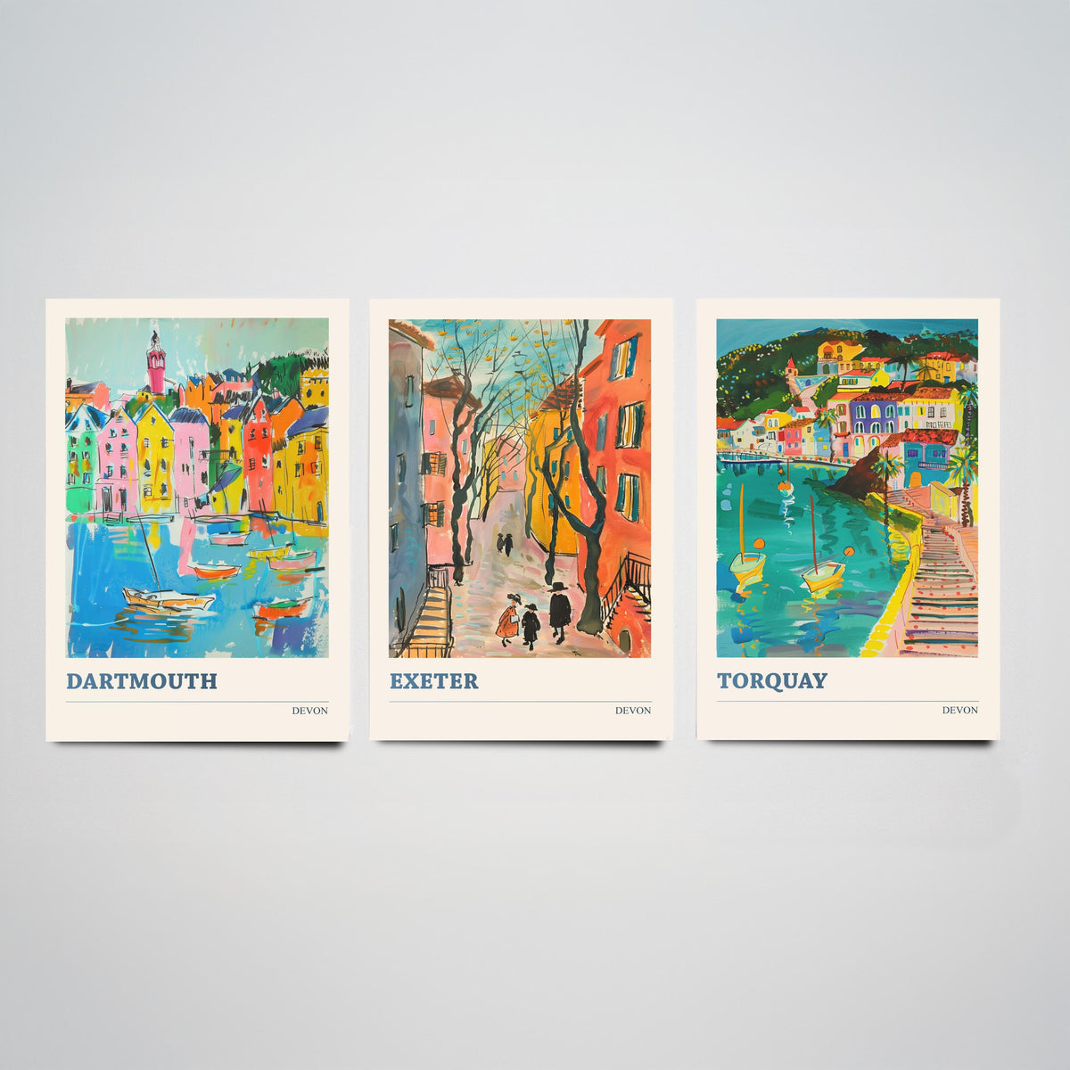 Devon Set of Three Prints | Dartmouth Exeter Torquay | Vibrant Folk Art Travel Coastal Painting Wall Art Poster