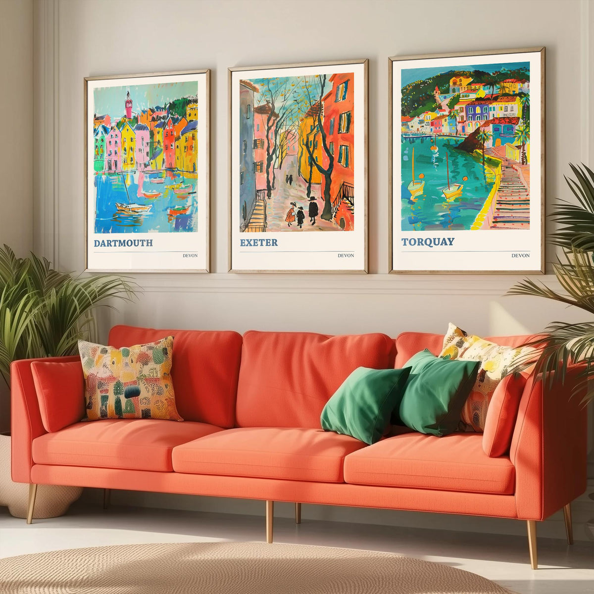 Devon Set of Three Prints | Dartmouth Exeter Torquay | Vibrant Folk Art Travel Coastal Painting Wall Art Poster