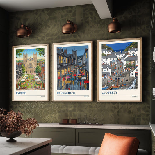 Devon Set of Three Art Prints - Exeter, Dartmouth, Clovelly - 3 Colourful Folk Illustration Travel Posters - West Country Painting