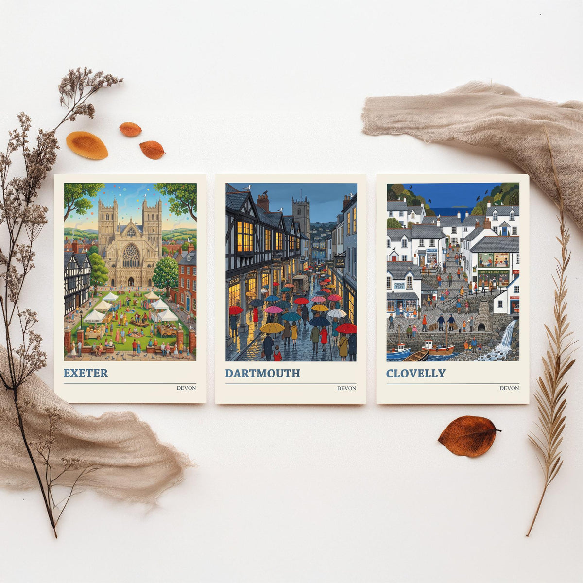 Devon Set of Three Art Prints - Exeter, Dartmouth, Clovelly - 3 Colourful Folk Illustration Travel Posters - West Country Painting