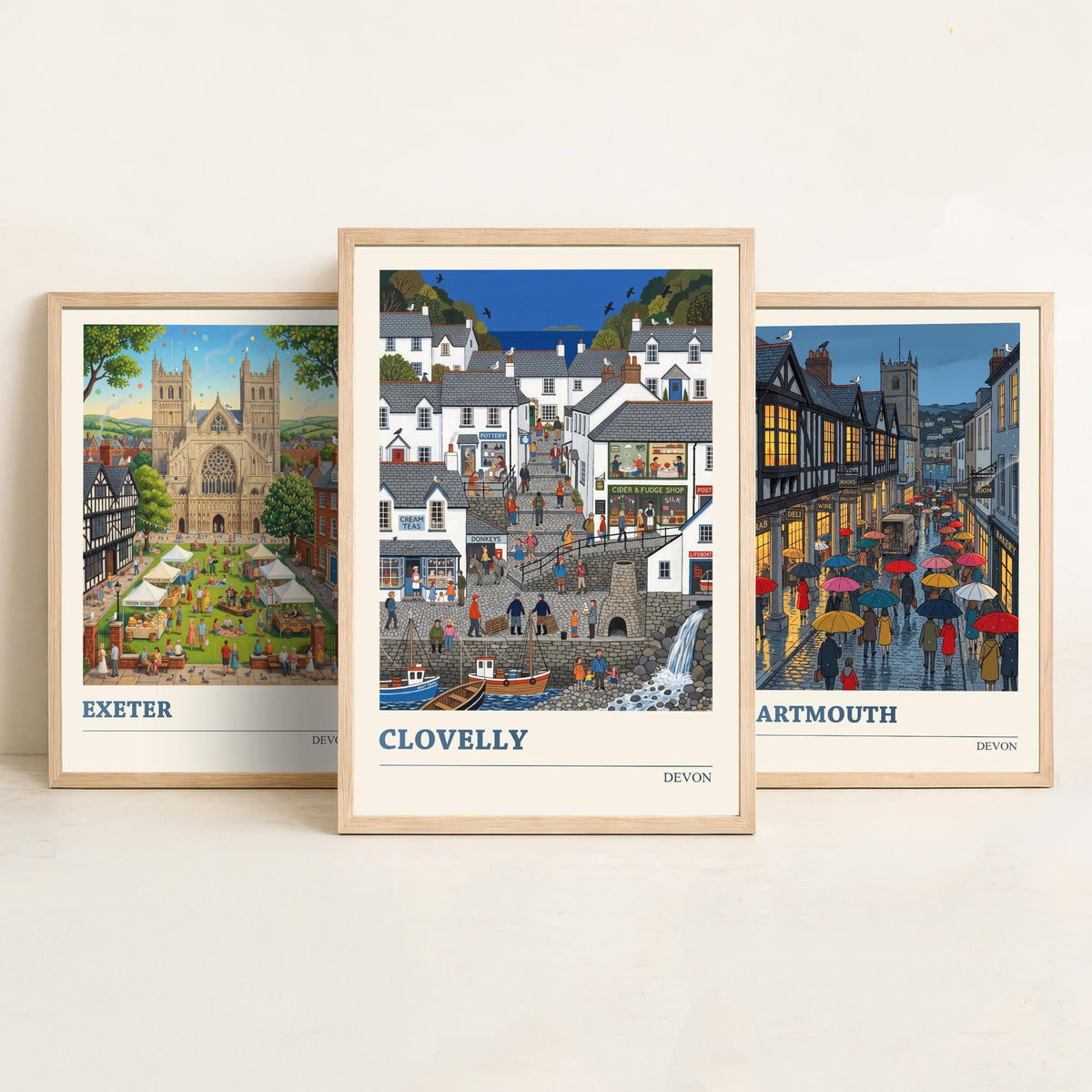 Devon Set of Three Art Prints - Exeter, Dartmouth, Clovelly - 3 Colourful Folk Illustration Travel Posters - West Country Painting