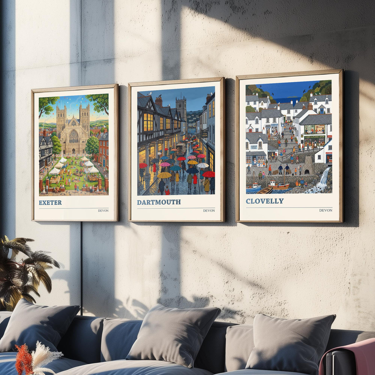 Devon Set of Three Art Prints - Exeter, Dartmouth, Clovelly - 3 Colourful Folk Illustration Travel Posters - West Country Painting