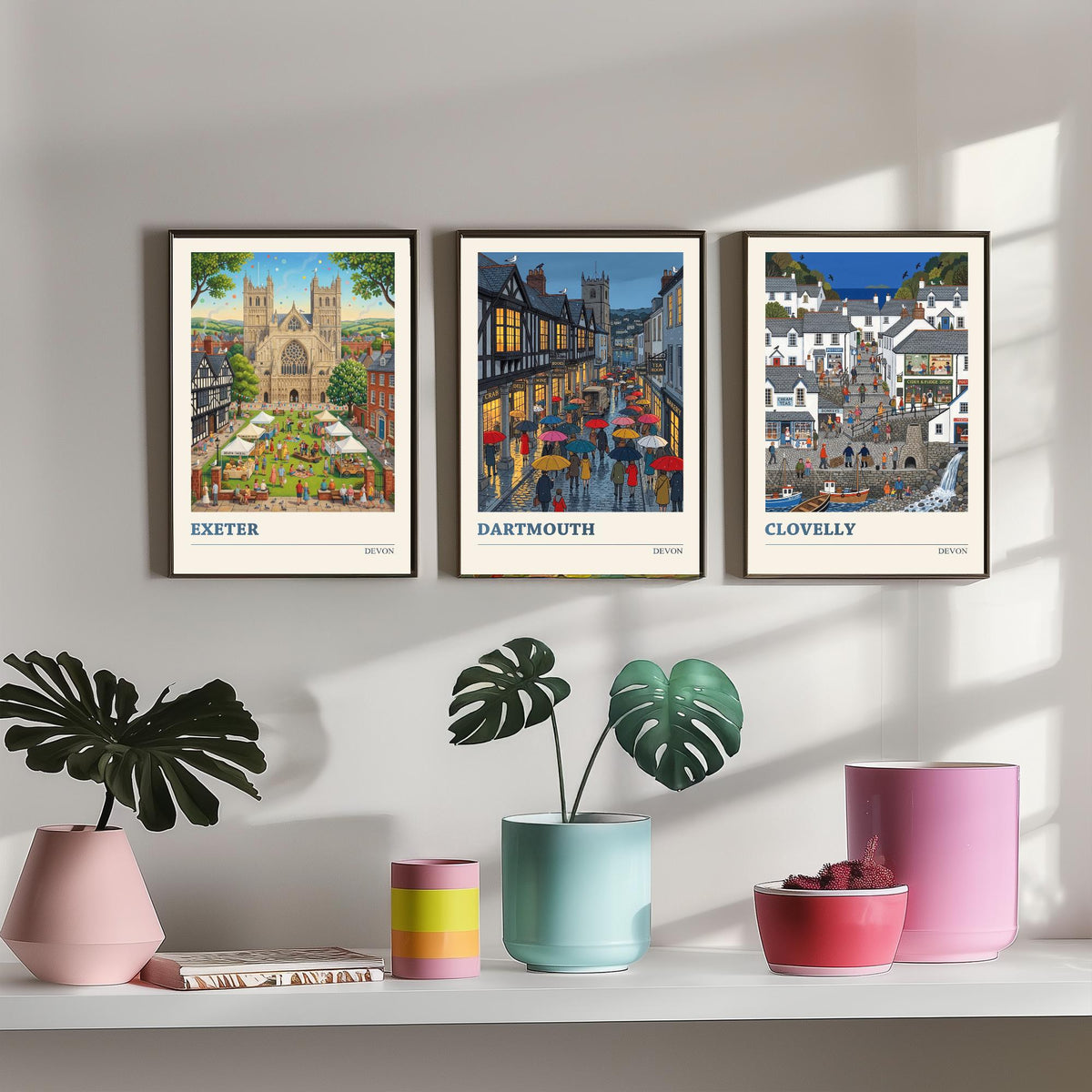 Devon Set of Three Art Prints - Exeter, Dartmouth, Clovelly - 3 Colourful Folk Illustration Travel Posters - West Country Painting