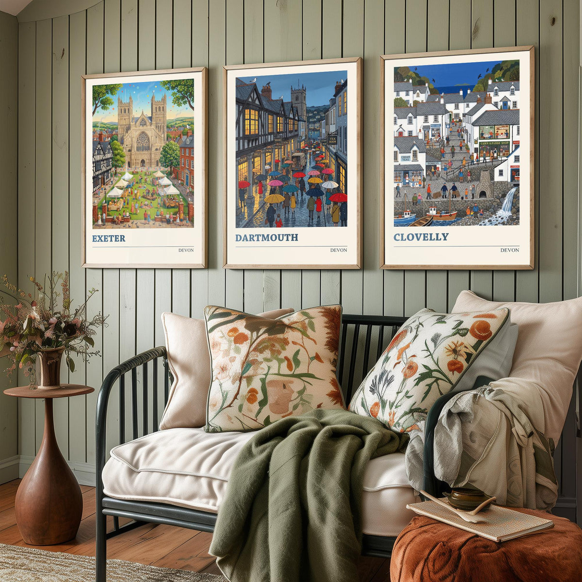 Devon Set of Three Art Prints - Exeter, Dartmouth, Clovelly - 3 Colourful Folk Illustration Travel Posters - West Country Painting