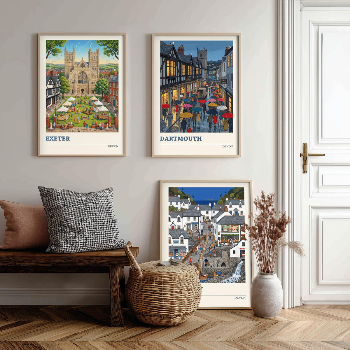 Devon Set of Three Art Prints - Exeter, Dartmouth, Clovelly - 3 Colourful Folk Illustration Travel Posters - West Country Painting