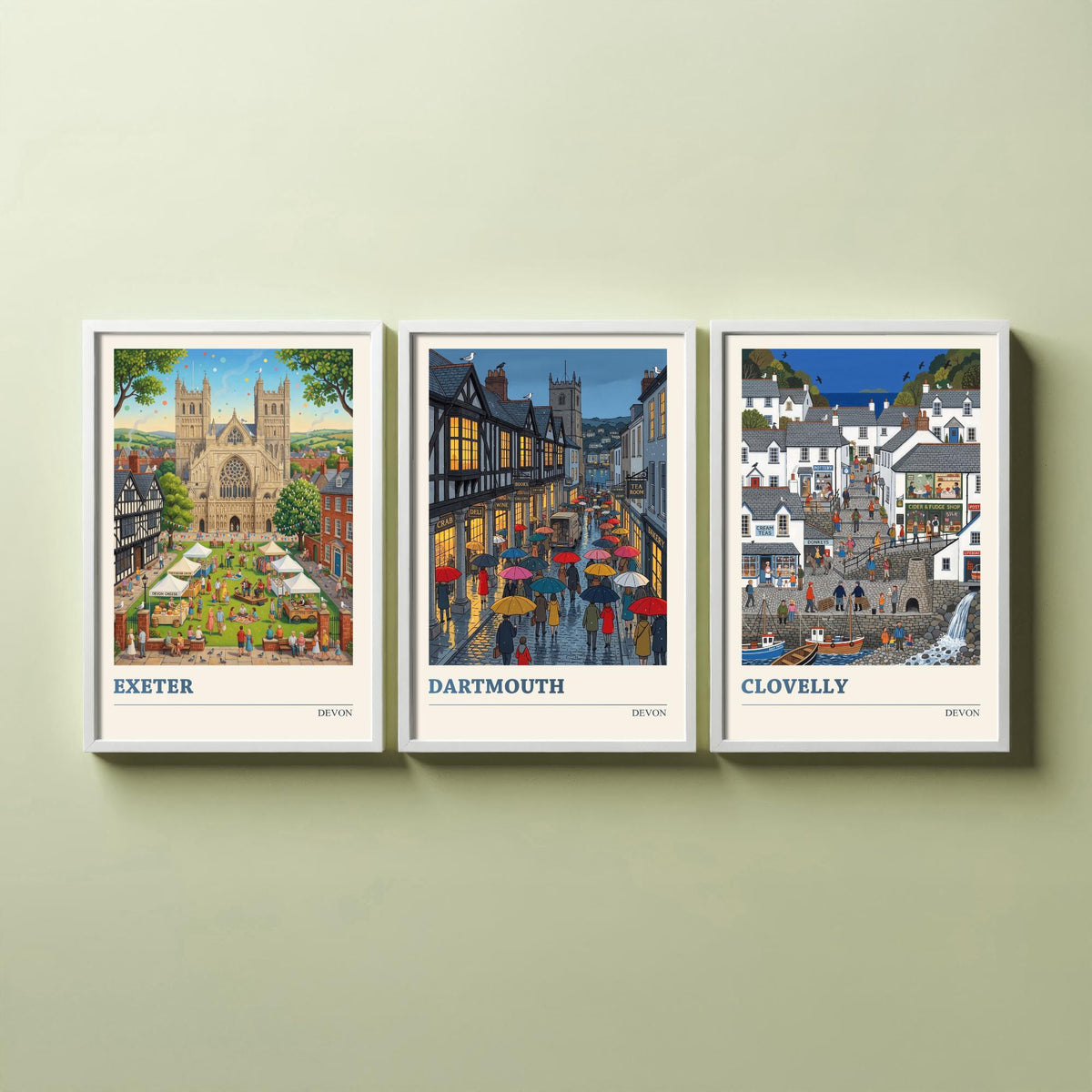 Devon Set of Three Art Prints - Exeter, Dartmouth, Clovelly - 3 Colourful Folk Illustration Travel Posters - West Country Painting