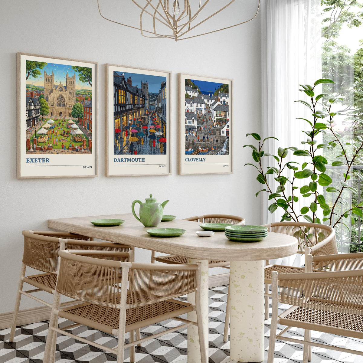 Devon Set of Three Art Prints - Exeter, Dartmouth, Clovelly - 3 Colourful Folk Illustration Travel Posters - West Country Painting