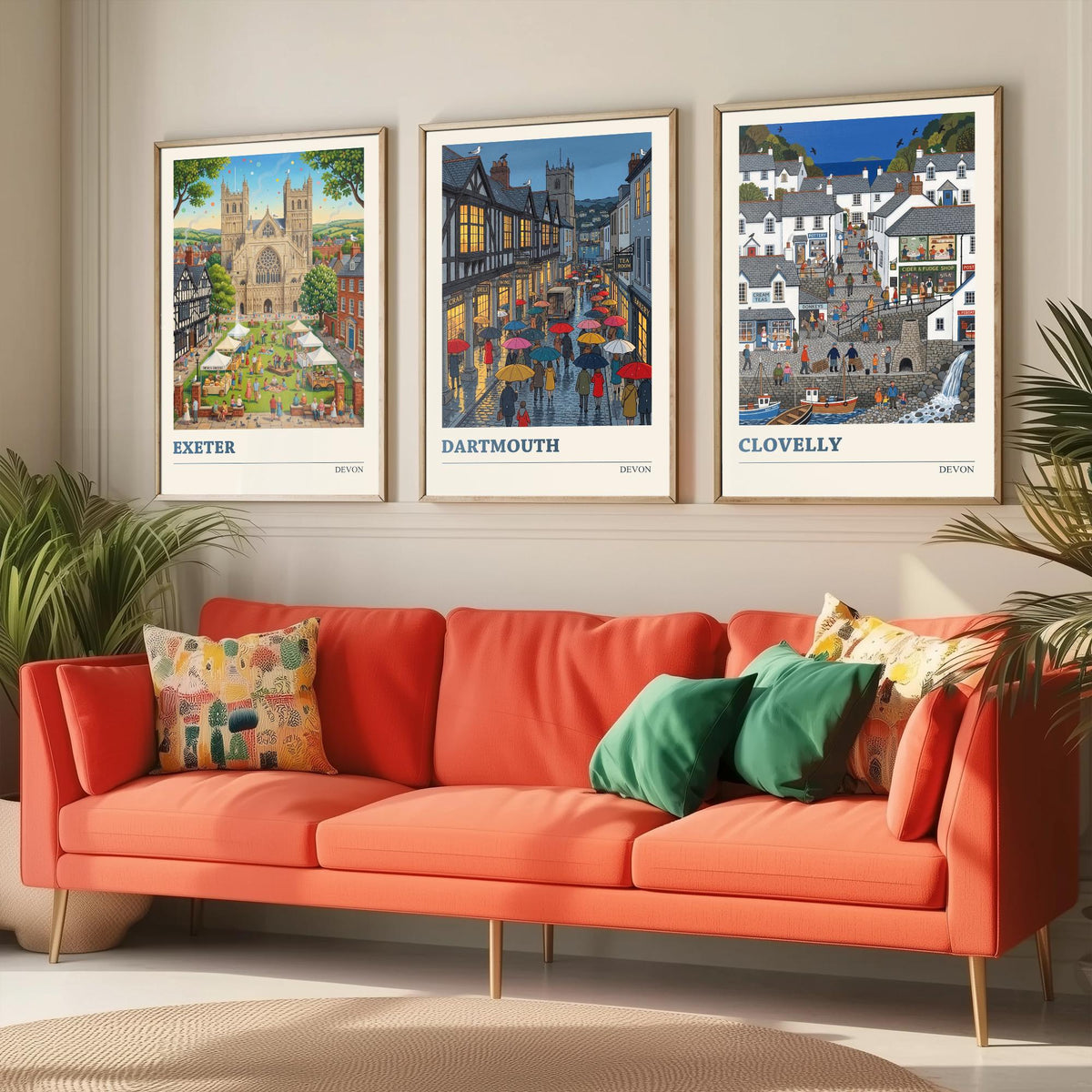 Devon Set of Three Art Prints - Exeter, Dartmouth, Clovelly - 3 Colourful Folk Illustration Travel Posters - West Country Painting