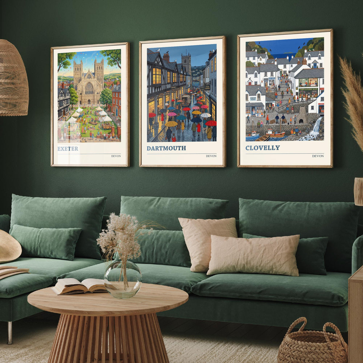 Devon Set of Three Art Prints - Exeter, Dartmouth, Clovelly - 3 Colourful Folk Illustration Travel Posters - West Country Painting