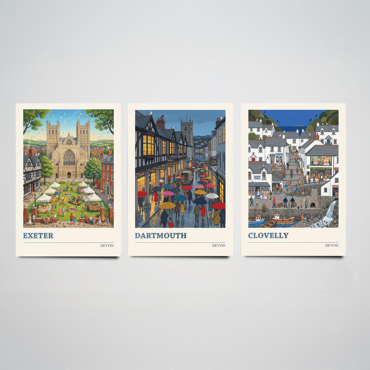 Devon Set of Three Art Prints - Exeter, Dartmouth, Clovelly - 3 Colourful Folk Illustration Travel Posters - West Country Painting