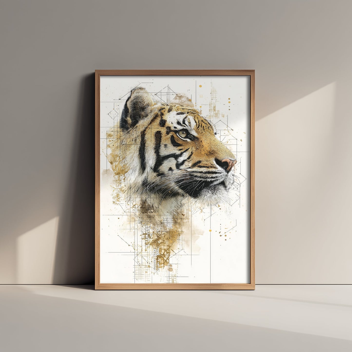 Tiger Diagram Art Print - Gold Blueprint Animal Poster - Big Cat Sketch Illustration - Tiger Portrait 1/3